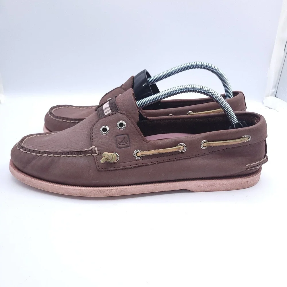 Sperry Top Sider Gore Boat Shoes Mens Sz 10 Brown Amaretto Pink Color Pop Sole